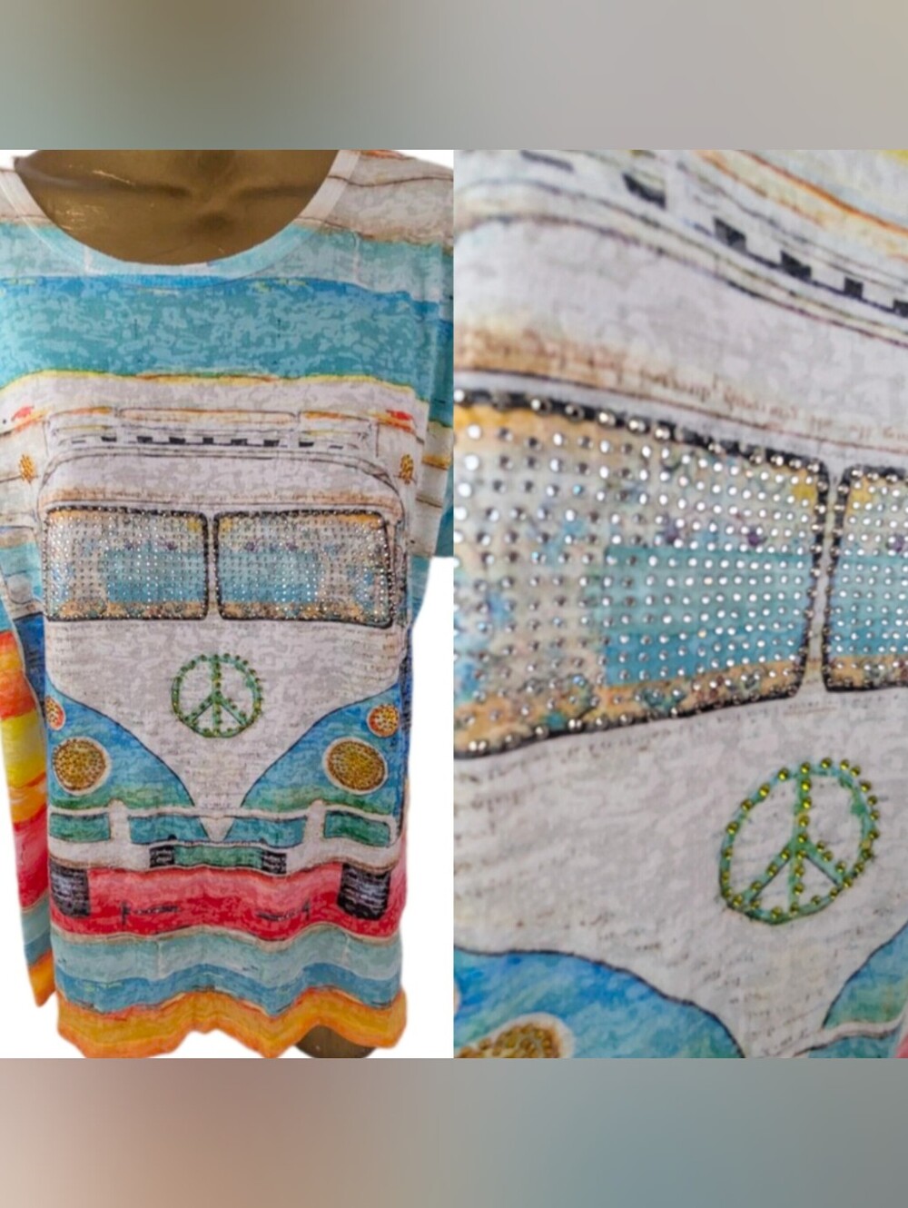 Creation Groovy Peace Van Rhinestone Sparkle Blouse Embrace Your Inner Hippie XL